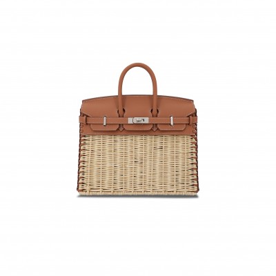 HERMES MASTER BIRKIN PICNIC 25 BROWN WICKER SILVER BUCKLE PLATINUM BAG 10078587 (25*20*13cm)